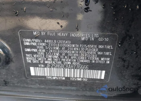 2010 Subaru Forester 2.5X from USA, damaged, VIN JF2SH6BC8AH776666